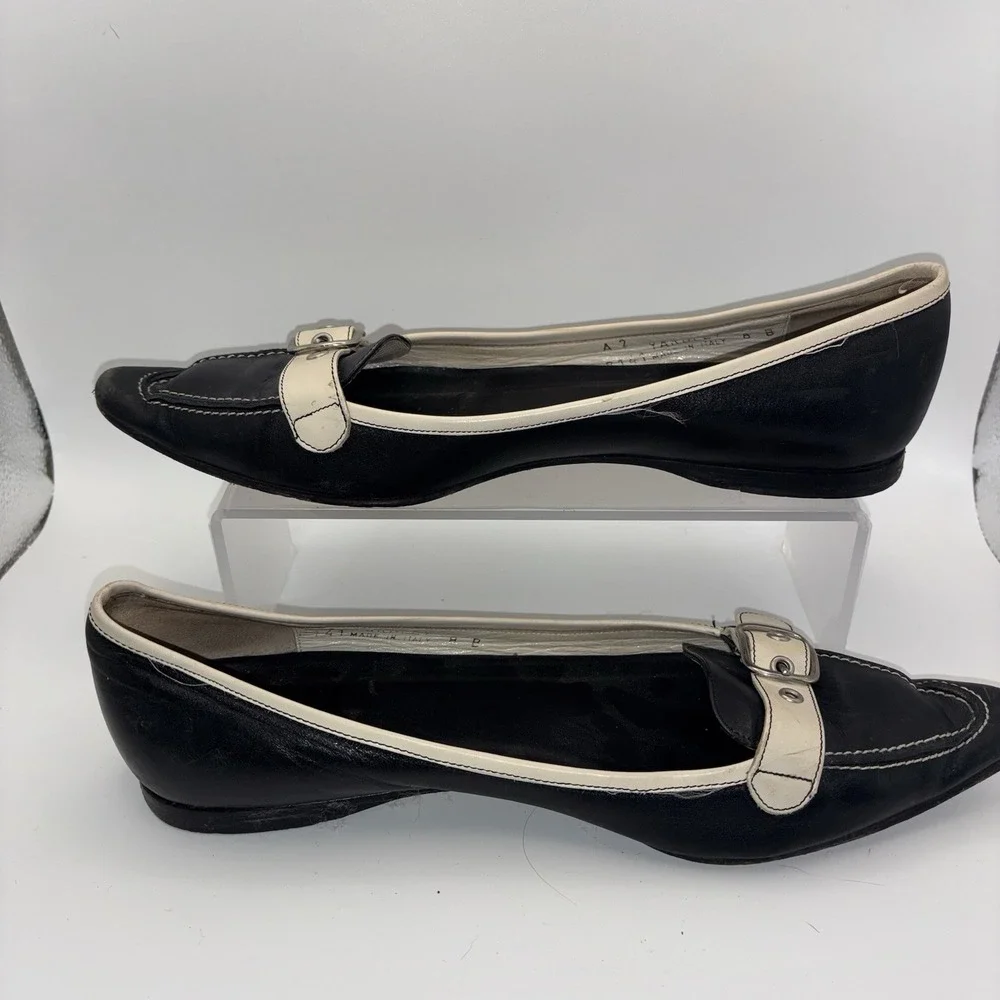 Vintage Coach Black Leather Buckle Loafers White Trim‎ Flats Size 8 B Italy